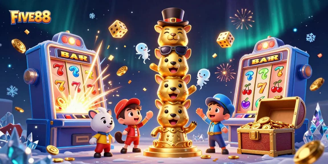 Spin and win with FIVE88’s vibrant casino illustration, featuring dynamic game elements and characters.