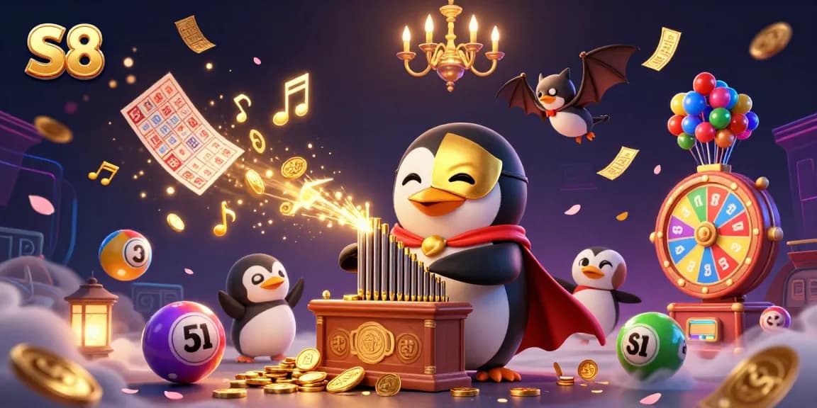 Experience thrilling moments with S8 as a whimsical penguin plays enchanting tunes in a vibrant casino setting.