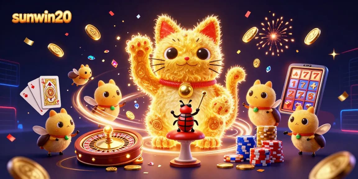 Experience the excitement with sunwin20 at the casino, featuring a playful lucky cat and vibrant game elements.