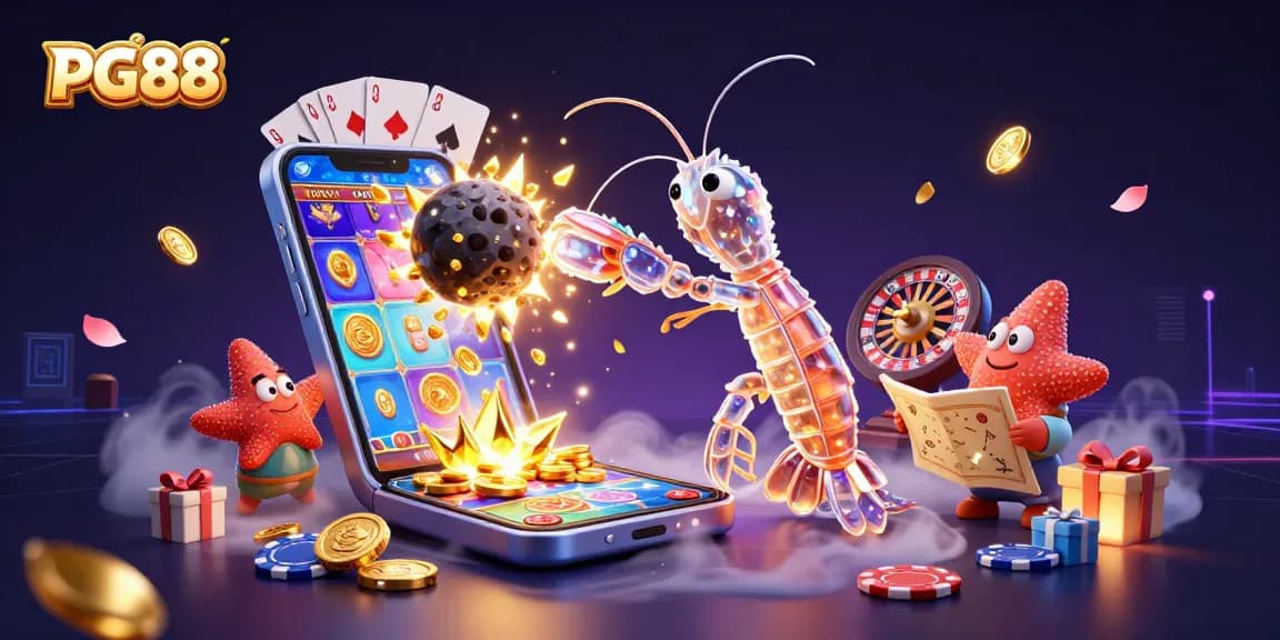 PG88 captivates players by winning jackpots in a dynamic 3D casino scene with vibrant slot games.