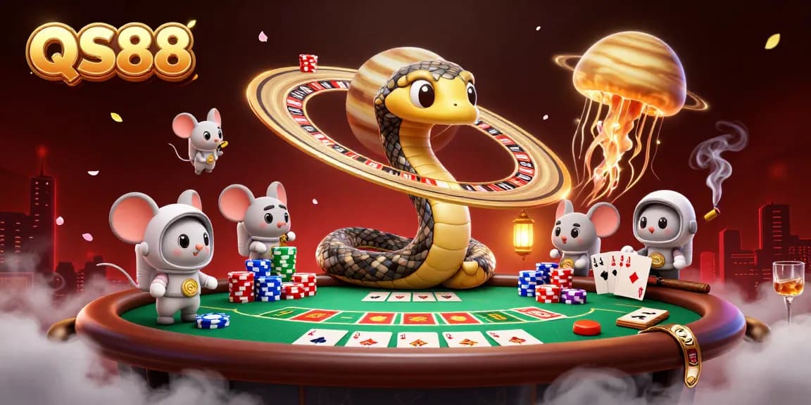 Place bets at QS88 with vibrant characters and a cosmic dealer amidst a dynamic casino atmosphere.