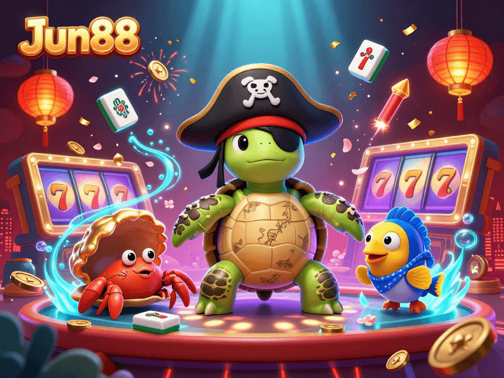Experience the vibrant underwater casino scene with Jun88's pirate turtle and friends amidst spinning treasures.