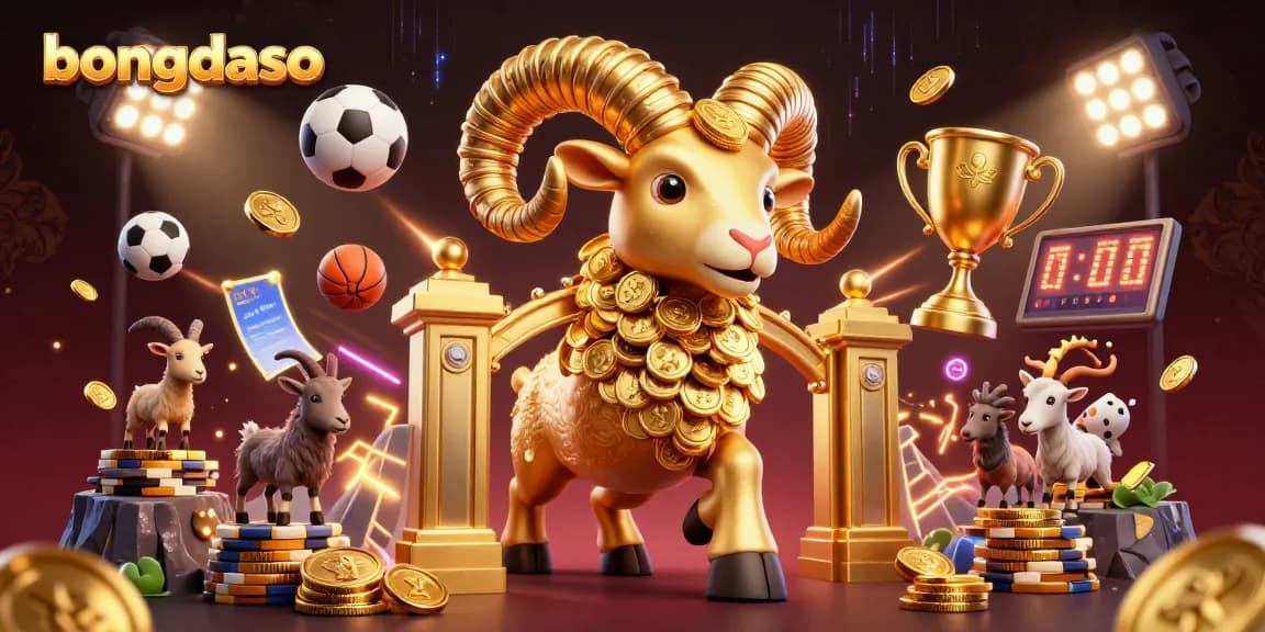 Bongdaso ram charges through golden gates, surrounded by dynamic sports elements for an engaging gambling scene.