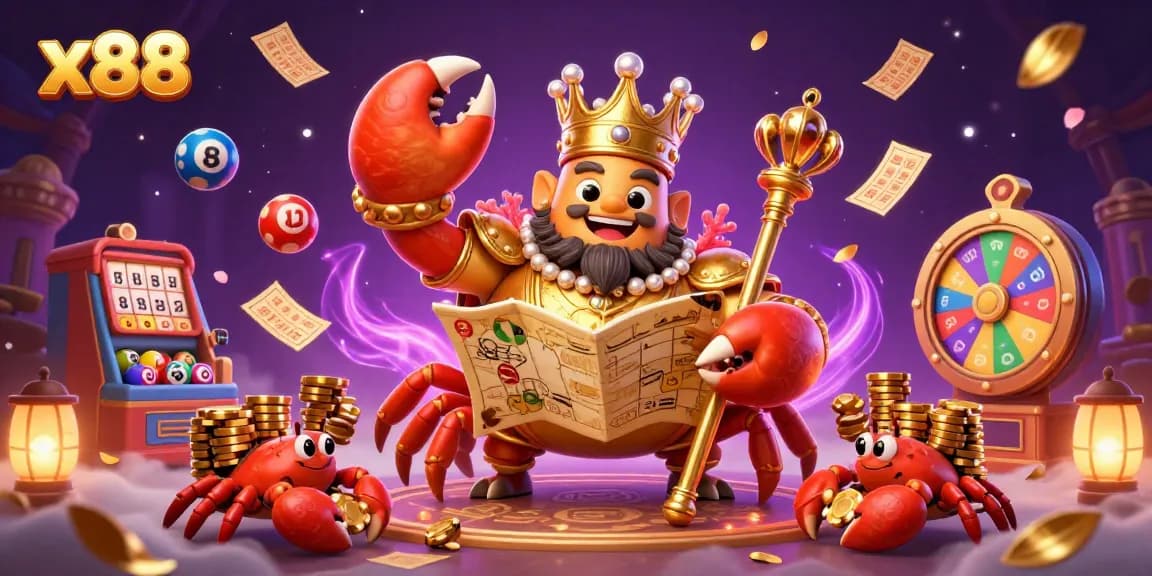 Experience thrilling gaming at x88 featuring golden monkey crab emperor amidst vibrant casino elements.