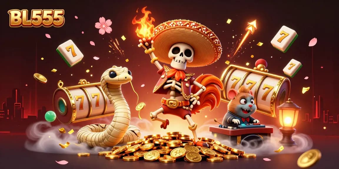 Experience the thrill at BL555 with vibrant characters celebrating on golden coins amidst dynamic casino elements.