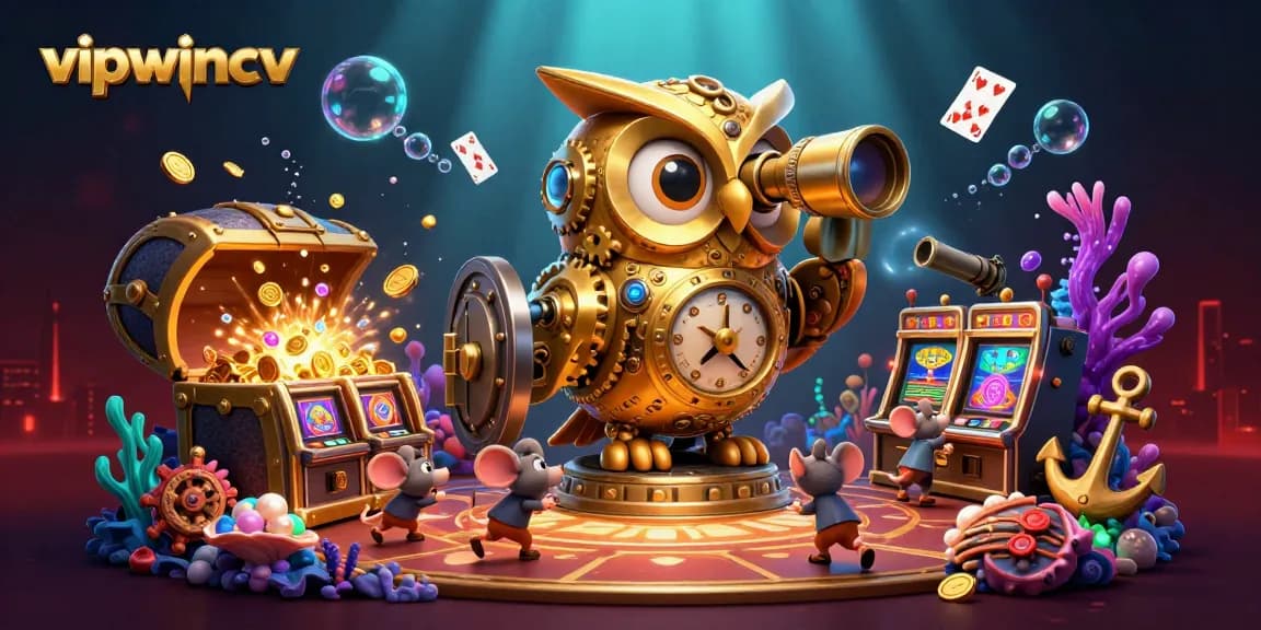 Experience the excitement at vipwincv with a rich 3D casino scene featuring golden owl, vibrant games, and winning opportunities.