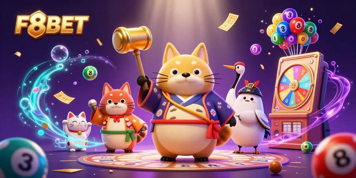 F8BET players enjoy lively lottery fun with animated characters and vibrant game elements in a casino atmosphere.