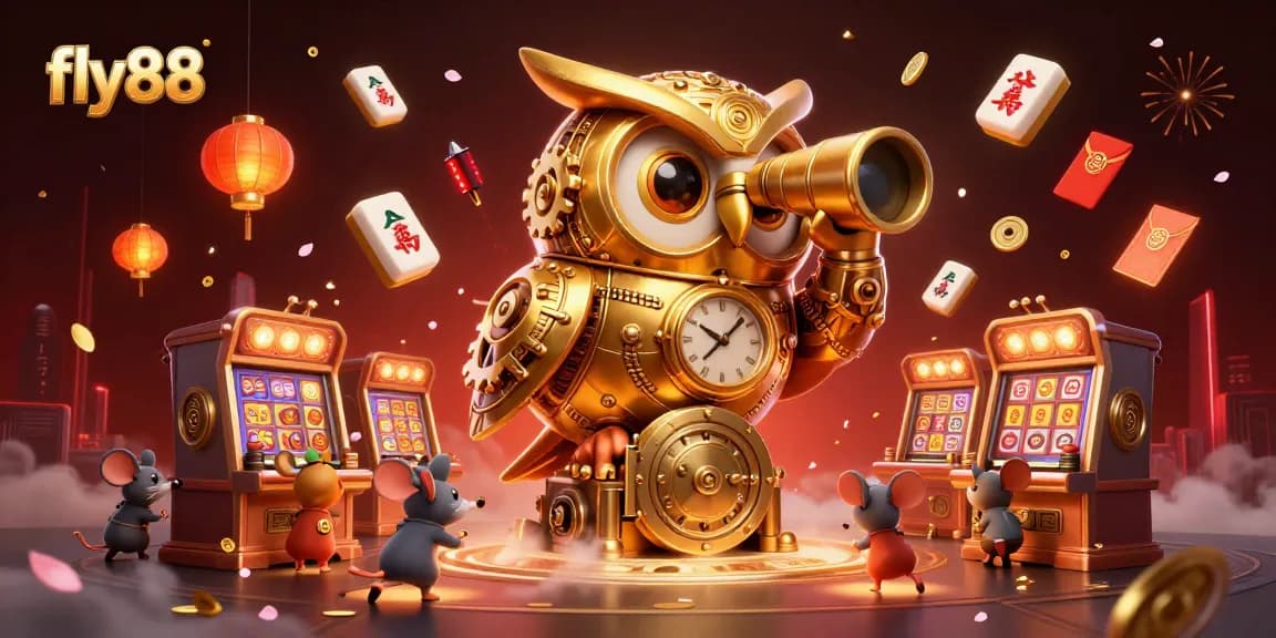 Experience the thrill of fly88 with a cartoon owl overseeing a vibrant casino scene.