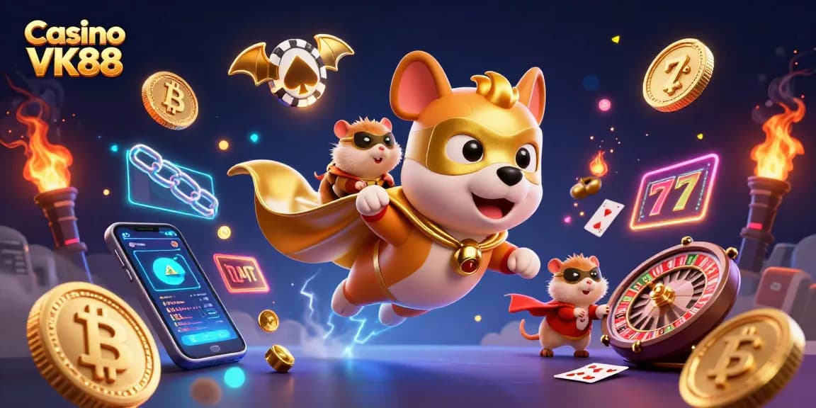 Engage with Casino VK88's thrilling atmosphere featuring a superhero dog and hamster amidst lively casino elements.