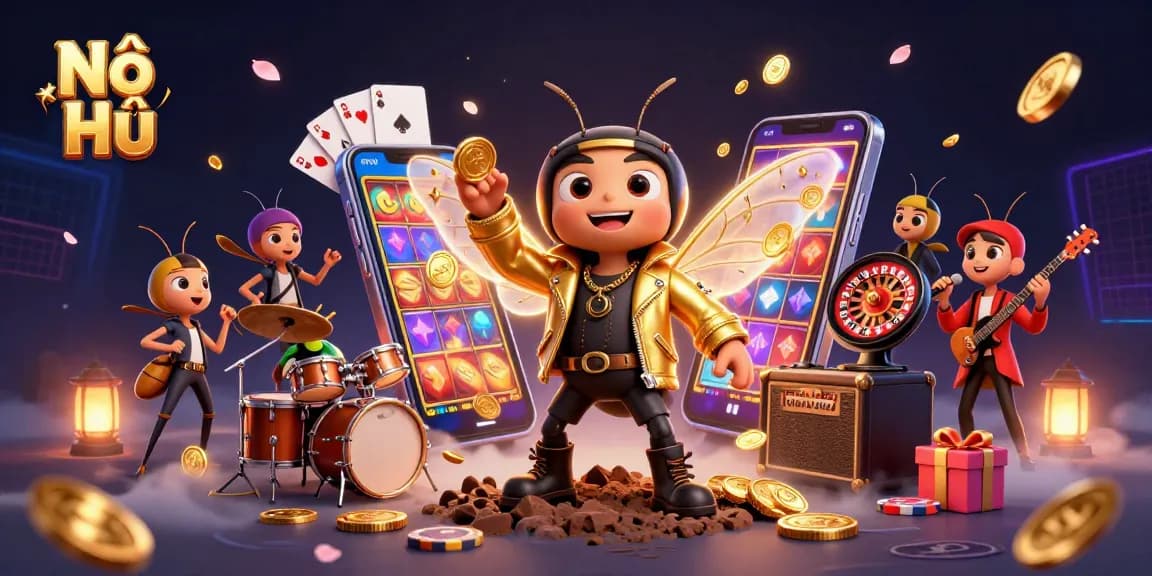 Nổ Hũ showcases a vibrant casino scene filled with characters and game elements, capturing the excitement of jackpots.