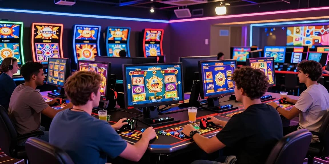 Players enjoying colorful slot games in a vibrant online casino setting.