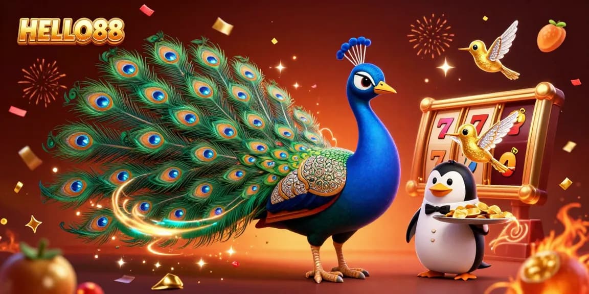 HELLO88 features a vibrant 3D casino illustration showcasing a peacock and penguin amidst dynamic slot reels.