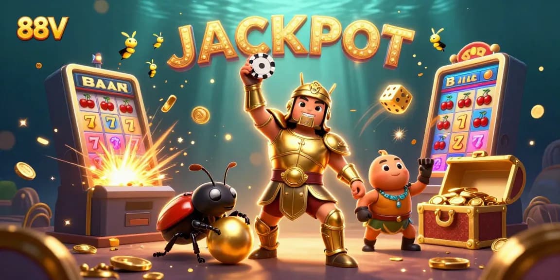 88VV celebrates a jackpot win with vibrant casino elements and dynamic characters in a 3D illustration.