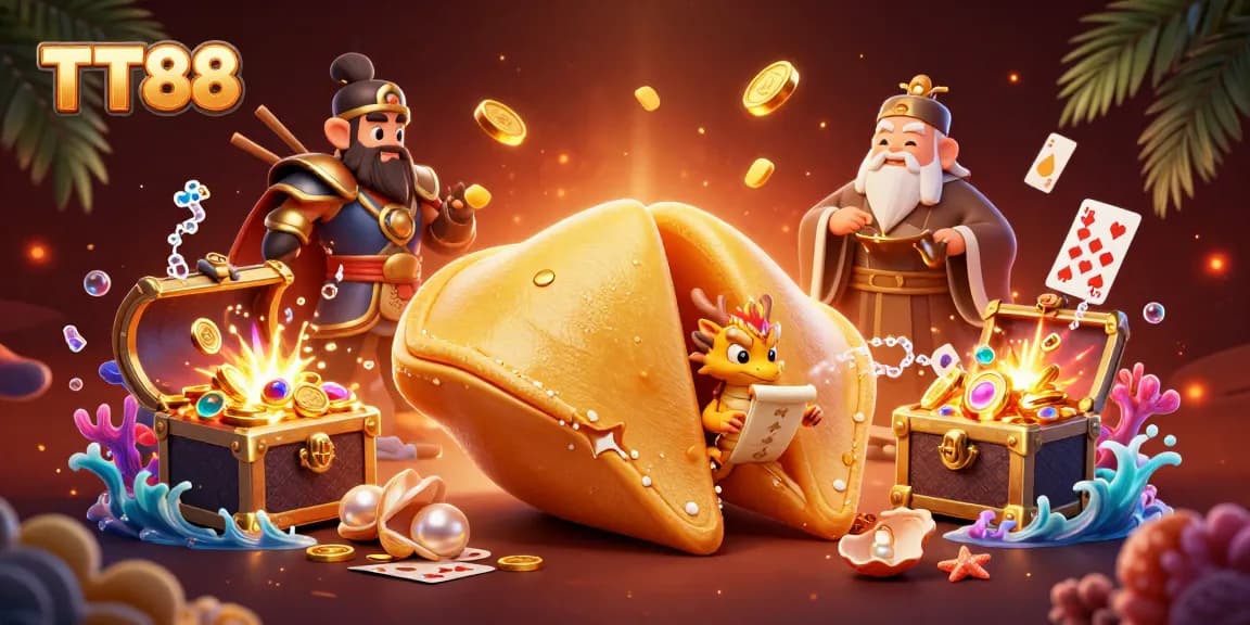 Engage with TT88's vibrant 3D animated scene featuring a lucky fortune cookie and casino treasures.