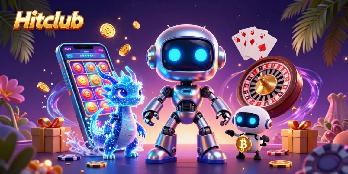 Hitclub casino illustration featuring a cyberpunk robot and holographic dragon amidst dynamic gaming elements.