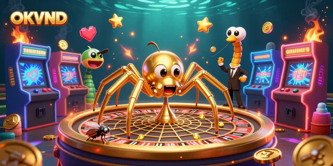 Engage with OKVND's vibrant casino world featuring a golden spider roulette scene.