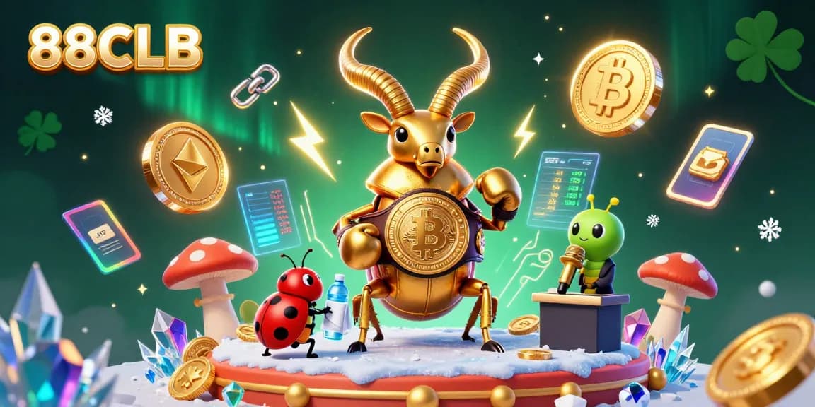 Engage in thrilling gameplay with 88CLB's dynamic casino scene featuring vibrant characters and crypto elements.