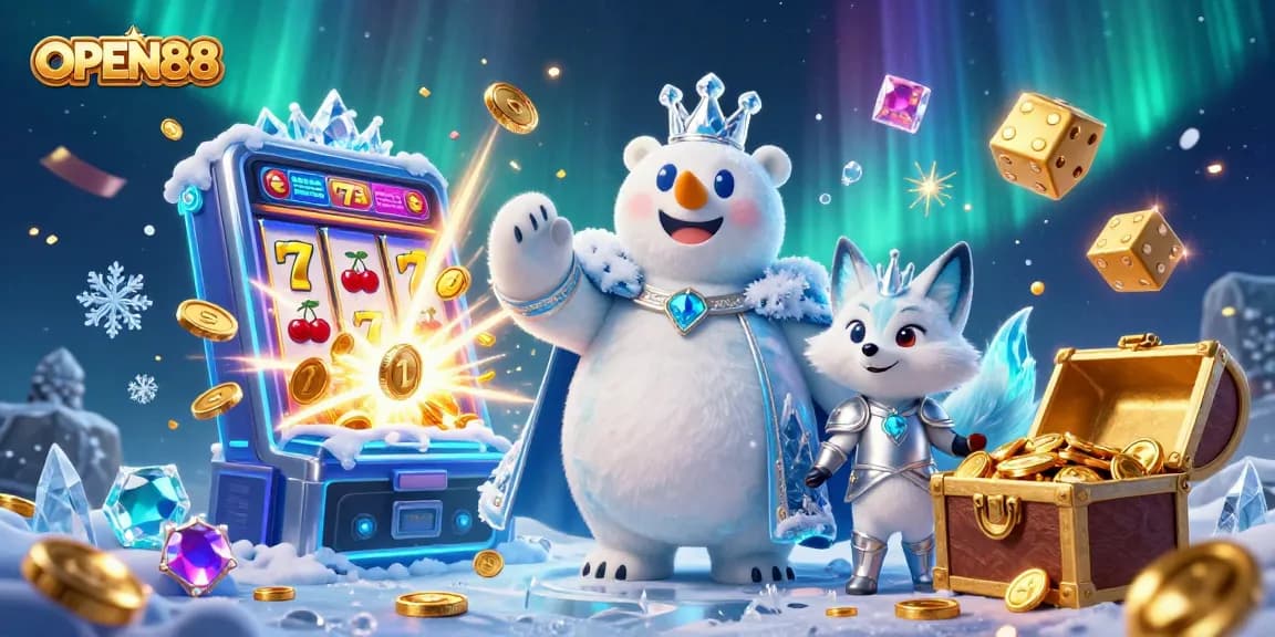 Spin the reels with OPEN88, featuring an ice king polar bear and fox in a vibrant jackpot scene.
