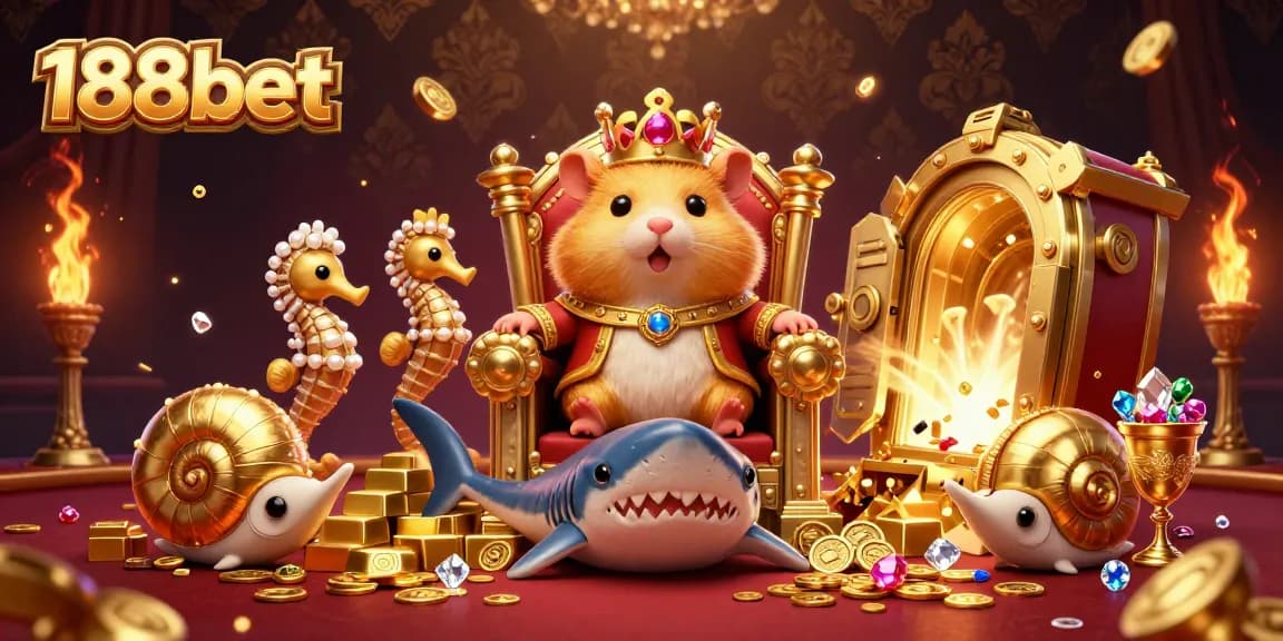 Experience the thrilling 188bet casino scene with a golden hamster king and treasure galore.