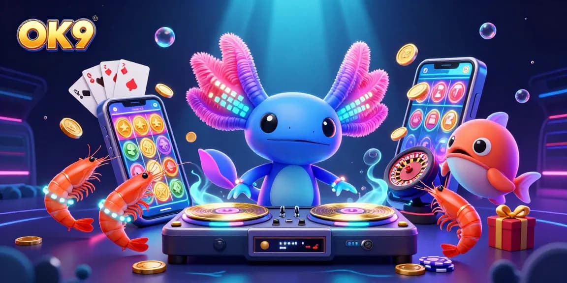 Engage with OK9's vibrant undersea casino atmosphere featuring a DJ axolotl and lively sea creatures.