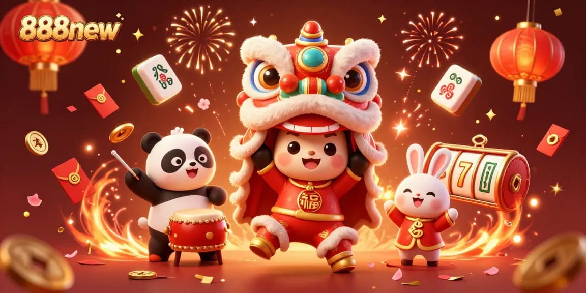 Engage with 888new's vibrant 3D casino scene featuring lion dance characters and slot elements