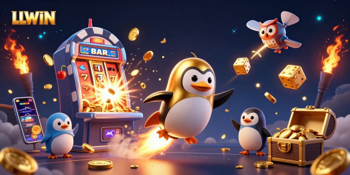 Experience thrilling gaming action at LLWIN with a vibrant 3D representation of a rocket-powered golden penguin soaring towards a casino.