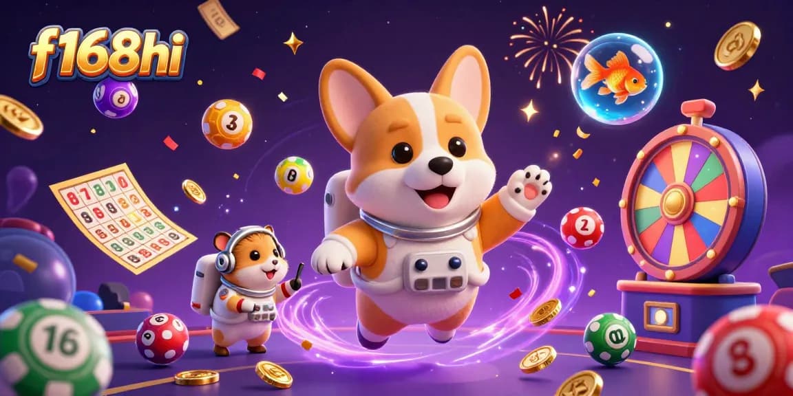 Engage in gaming action with f168hi's vibrant casino scene showcasing floating characters amid colorful lottery elements.