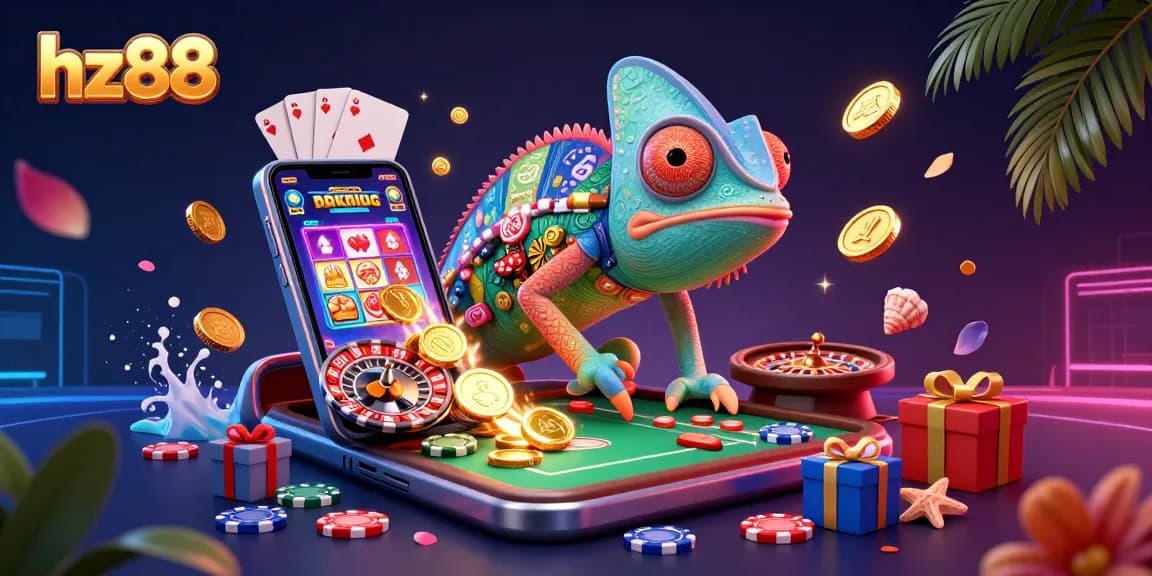 Experience the excitement of hz88 with our vibrant casino scene featuring a chameleon owner and all gambling elements.