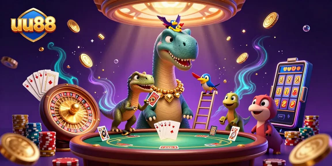 Experience the thrilling world of uu88 as the brontosaurus oversees a vibrant casino scene filled with action.