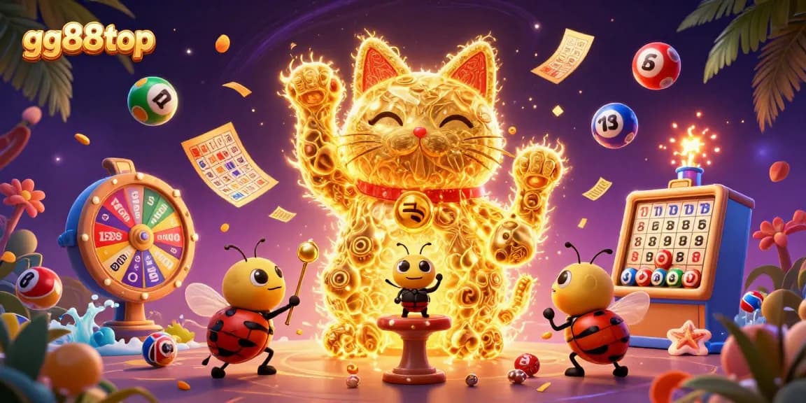 Experience thrilling gaming with gg88top in a vivid 3D casino illustration featuring lucky cats and dynamic casino elements.