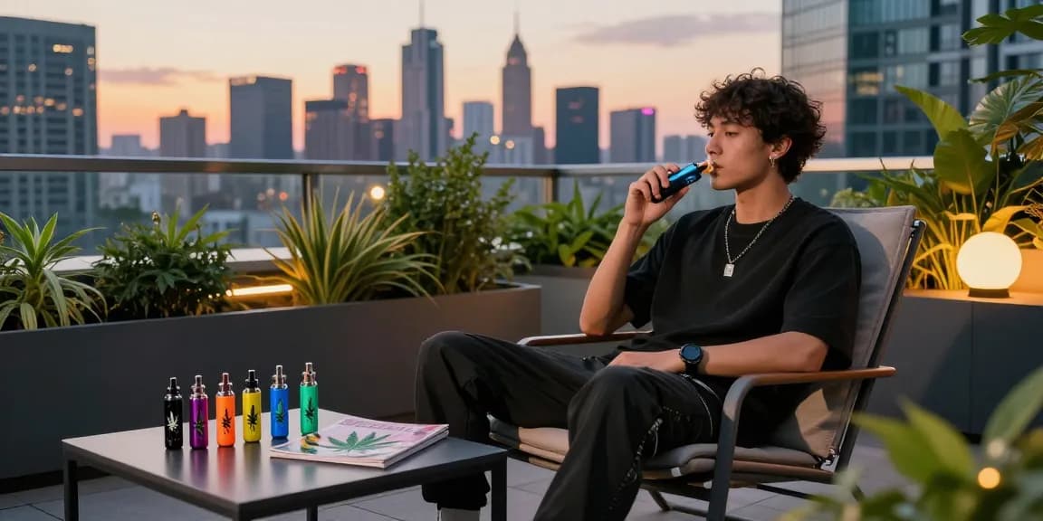 Trendy individual using weed vapes while relaxing on a rooftop terrace with a city skyline.