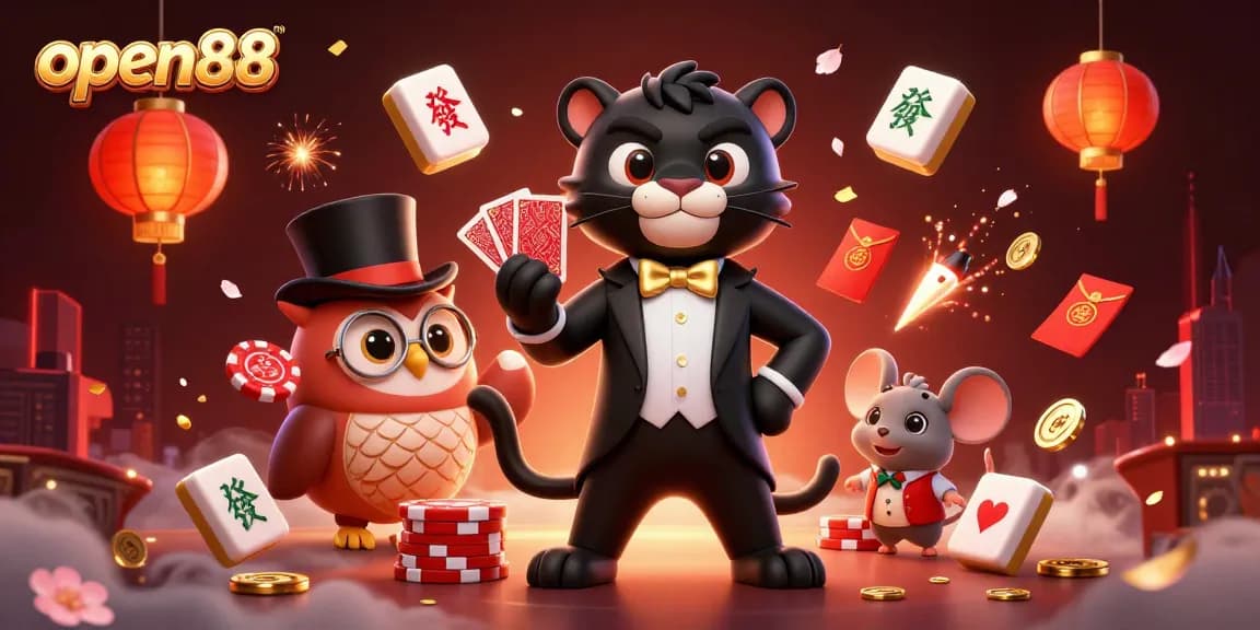 Experience the excitement of open88 with 3D characters and casino elements in a vibrant illustration.
