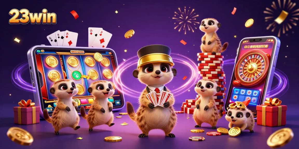 Experience the excitement at 23win with meerkats in a lively casino setting, showcasing games and chips.