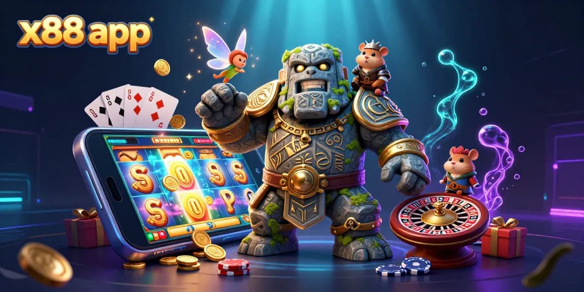 Engage with the exciting x88 app featuring a mystical golem, fairy, and hamster knight amidst vibrant gaming elements.