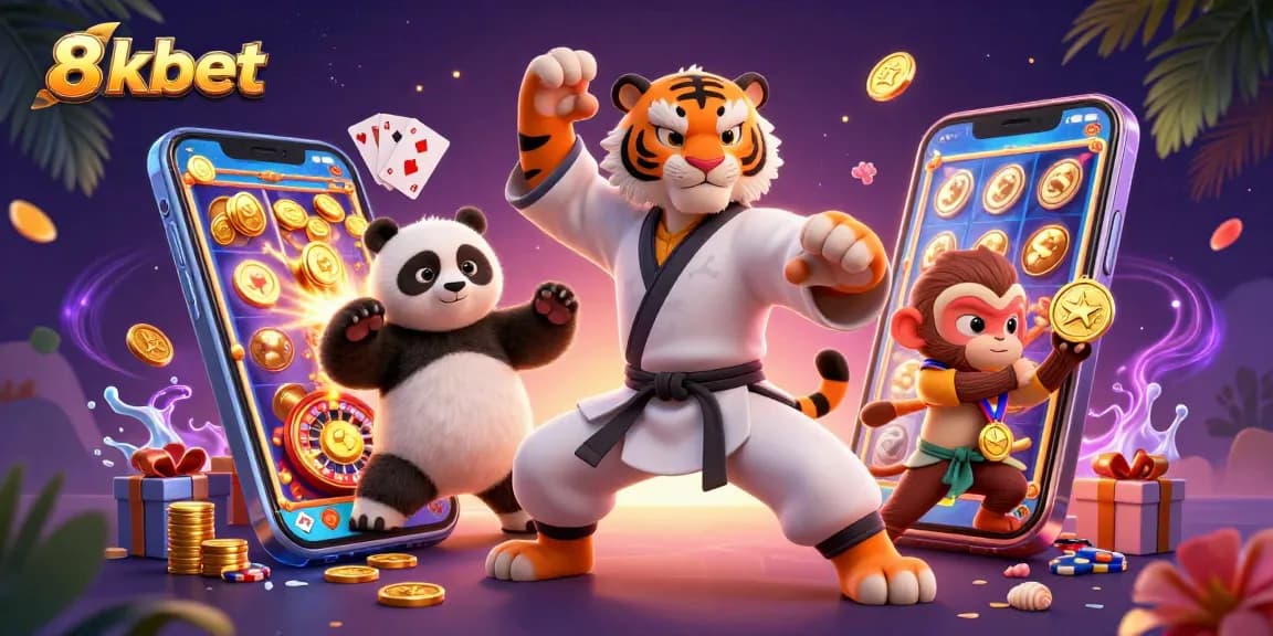Engage with 8xbet through vibrant gaming action featuring kung fu characters and casino elements.