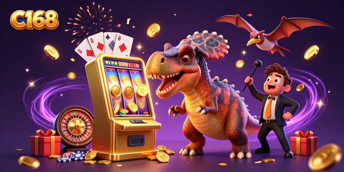 C168 casino scene with a dinosaur headbutting a slot machine while coins fly around in a festive atmosphere.