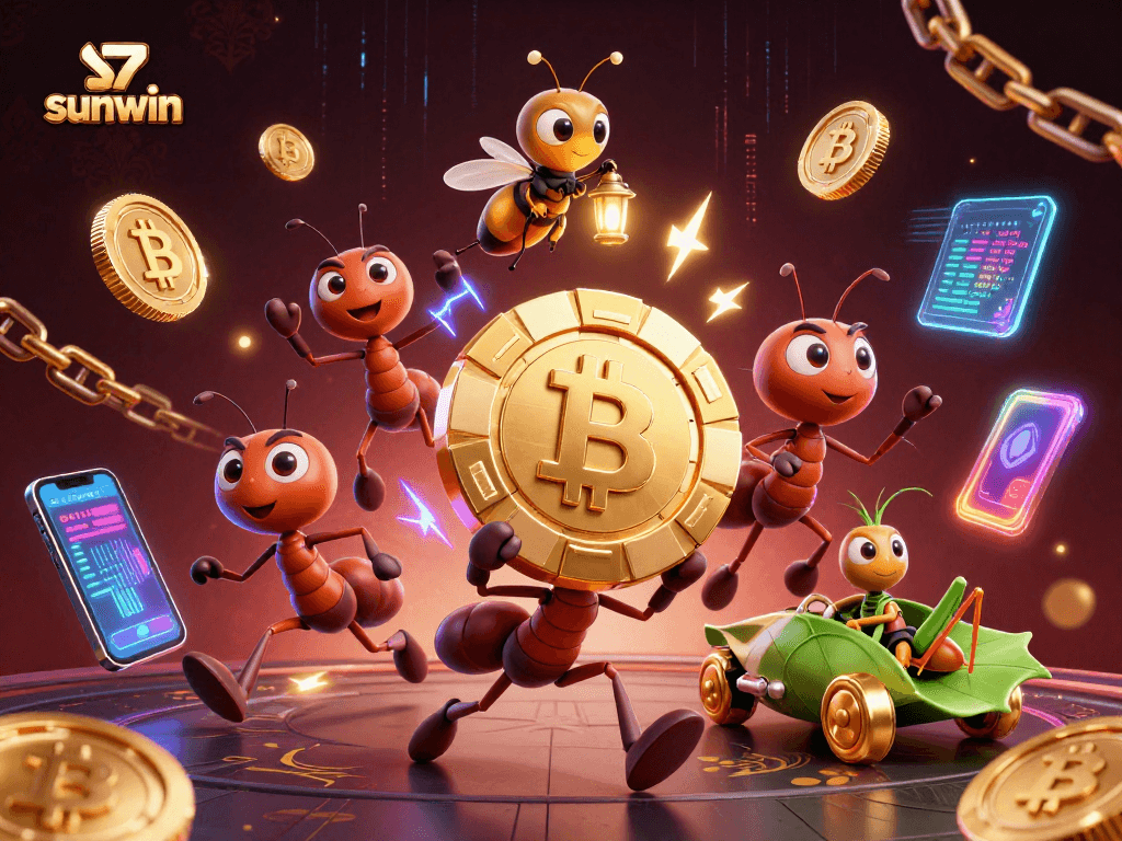 Engage with sunwin's exciting imagery of ants on a heist, wielding golden poker chips!