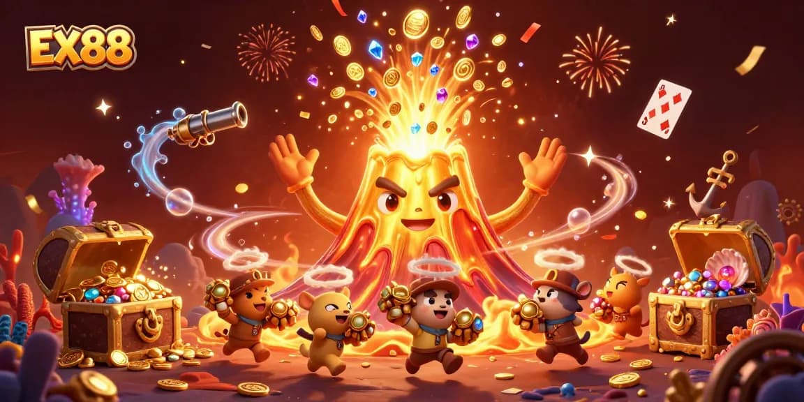 EX88 showcases a golden volcano with treasure, symbolizing thrilling casino wins.