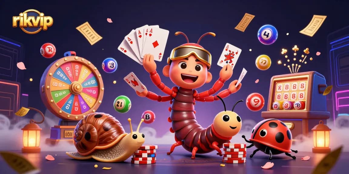 rikvip lottery game scene with vibrant characters and dynamic elements celebrating big wins