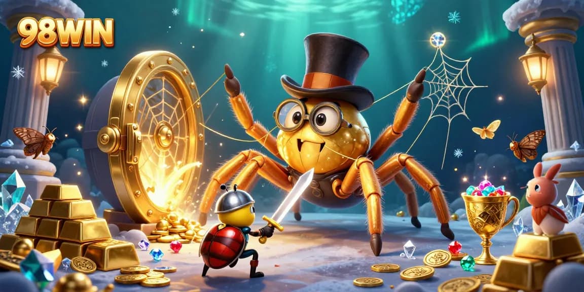 Engage with the dynamic scene featuring 98WIN's golden tarantula weaving a web of fortune amidst vibrant casino elements.