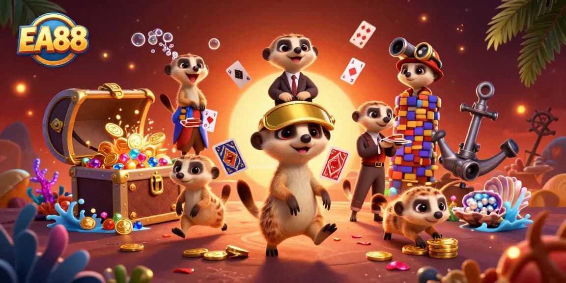 EA88 offers a vibrant casino scene with meerkats managing games and treasure