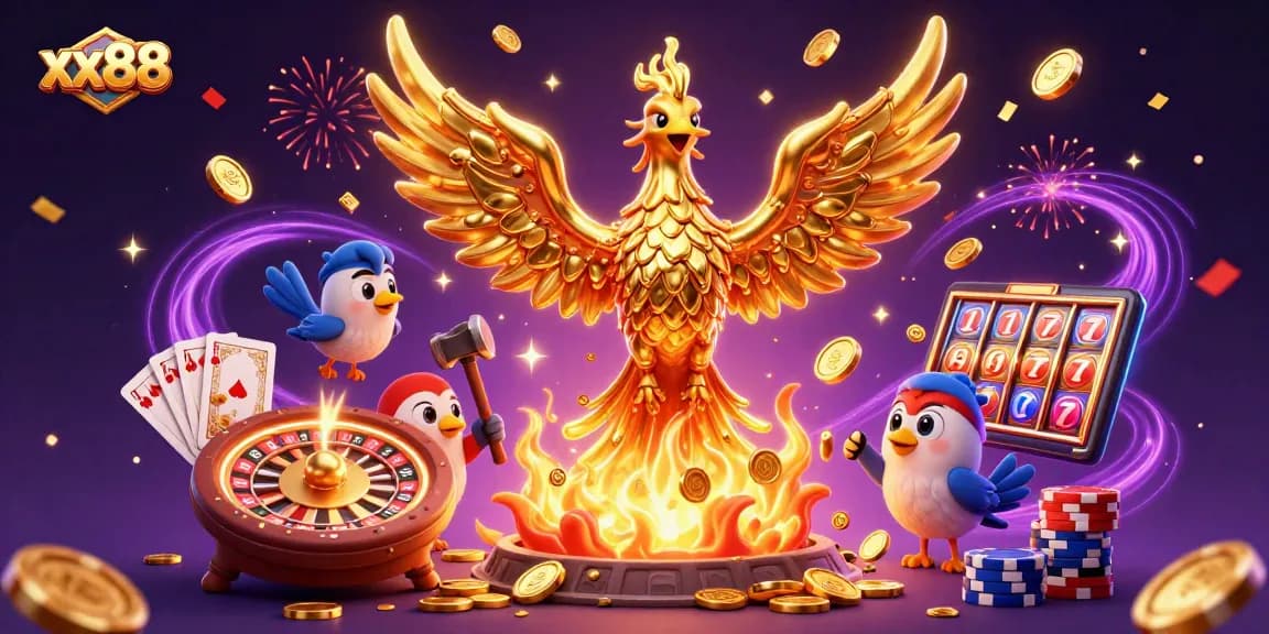 Engage with xx88 casino through a vibrant golden phoenix scene, showcasing dynamic gaming elements and rewards.