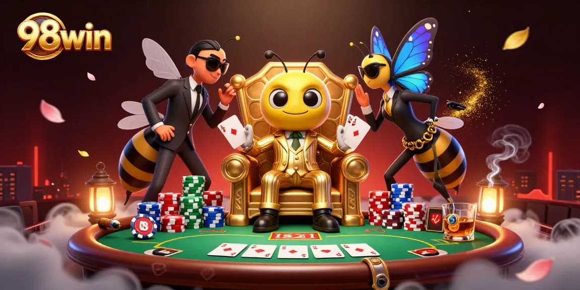 Engage with 98win's exciting poker scene showcasing characters and vibrant gaming elements.
