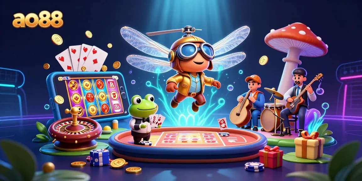 Ao88 casino action with a frog croupier dealing cards in a vibrant lily pad setting