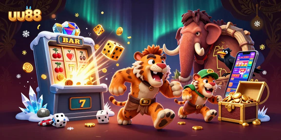 uu88 players explore a vibrant prehistoric casino with a caveman duo and exciting game elements.