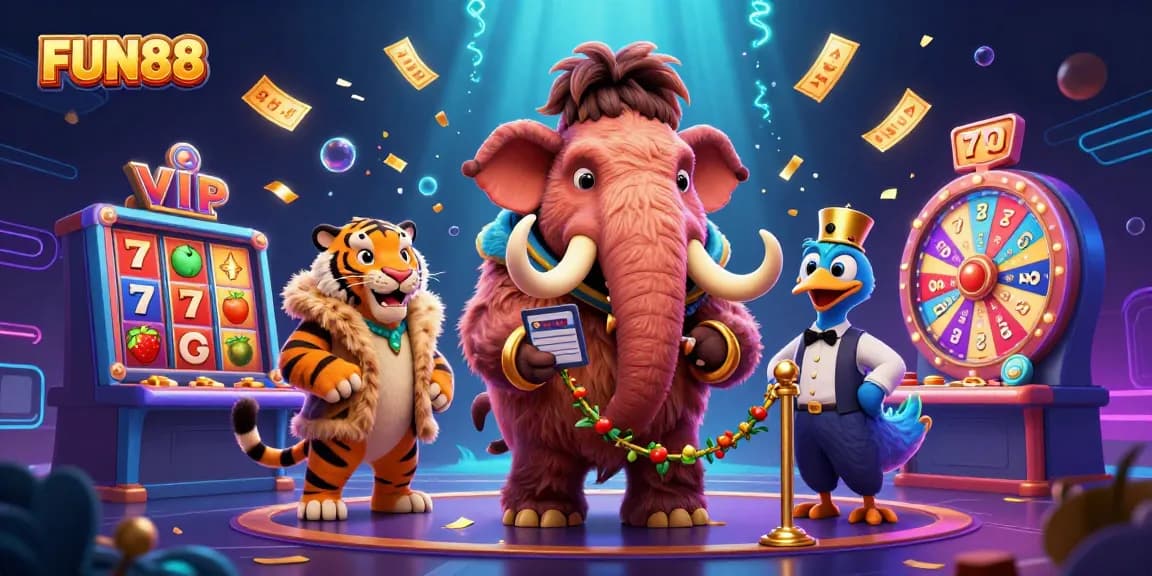 Engage in thrilling gameplay with FUN88's vibrant casino scene featuring a bouncer, VIPs, and lottery excitement.
