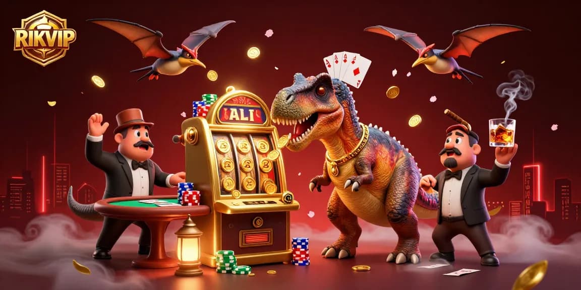 RIKVIP pachycephalosaurus interacts with a slot machine, claiming jackpot coins amidst casino elements.