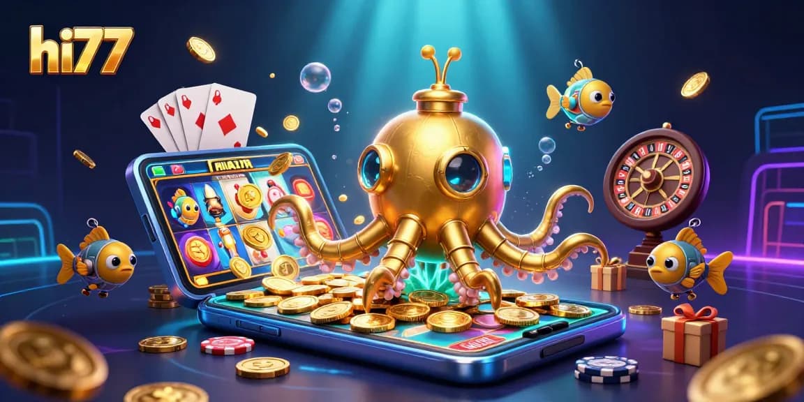 Experience the excitement of hi77 with a golden kraken submarine amidst gaming elements and treasures.