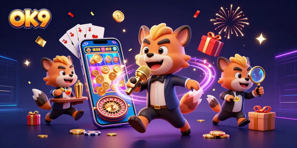 Engaging 3D scene of hyenas in a comedy casino at OK9, showcasing vibrant casino elements.