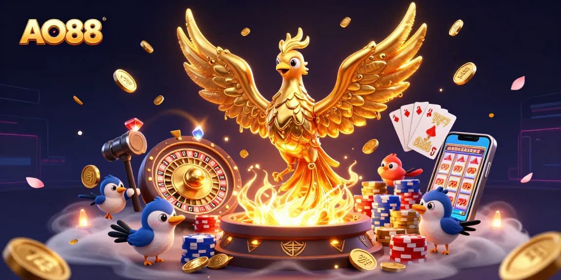 Experience the thrill of AO88 with a dazzling 3D illustration of a golden phoenix and vibrant casino elements.